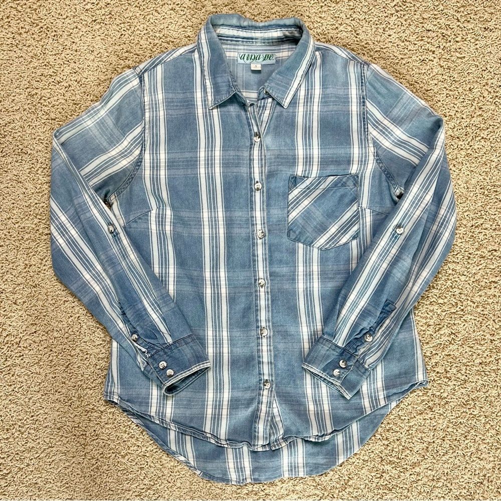 FRANCESCAS DINA B Chambray Button Down Long Sleeve Shirt Blue White Stripe Small
